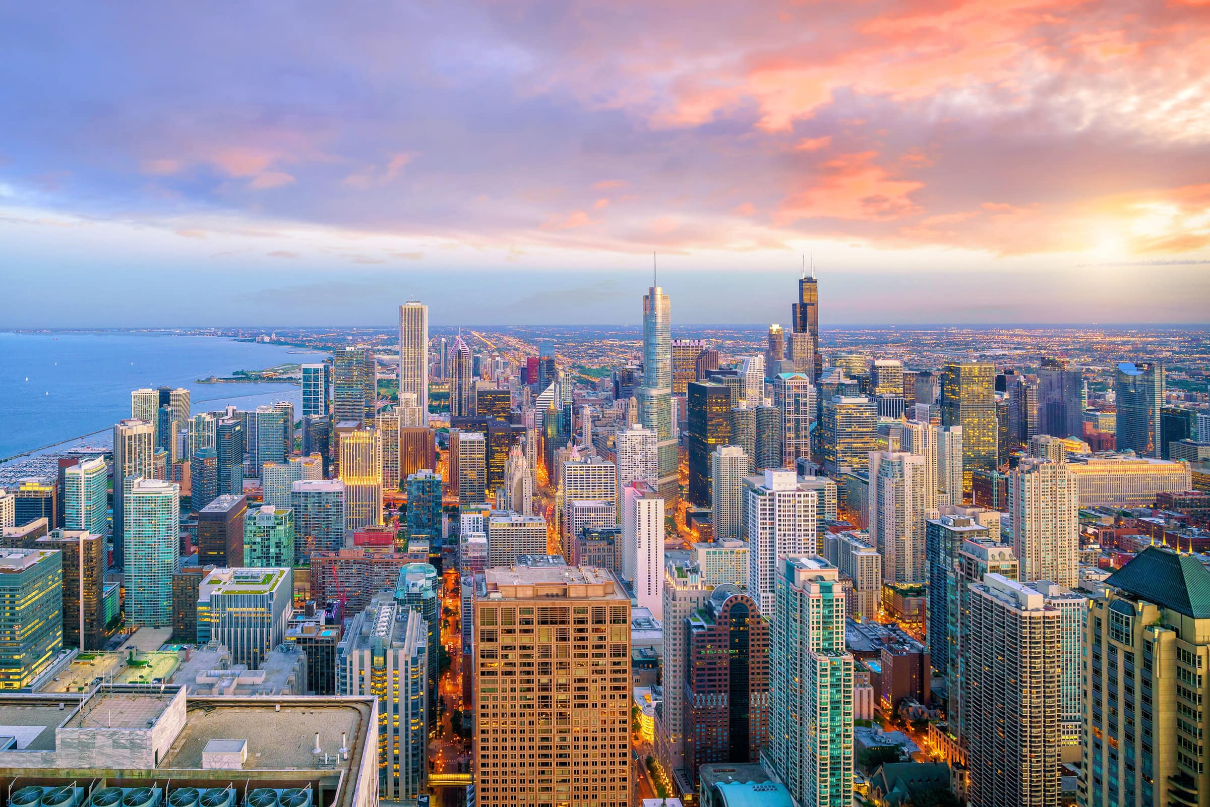 Aerial,View,Of,Chicago,Downtown,Skyline,At,Sunset,From,High Chicago Skyline Pano Image
