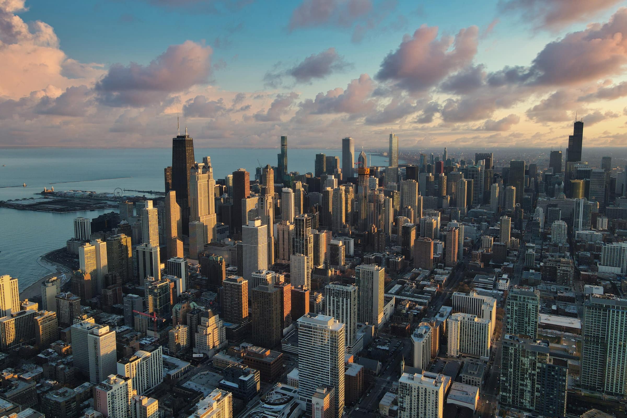 Chicago,Downtown,Aerial,Panorama,View,At,Sunset,With,Skyscrapers,And Chicago,Downtown,Aerial,Panorama,View,At,Sunset,With,Skyscrapers,And
