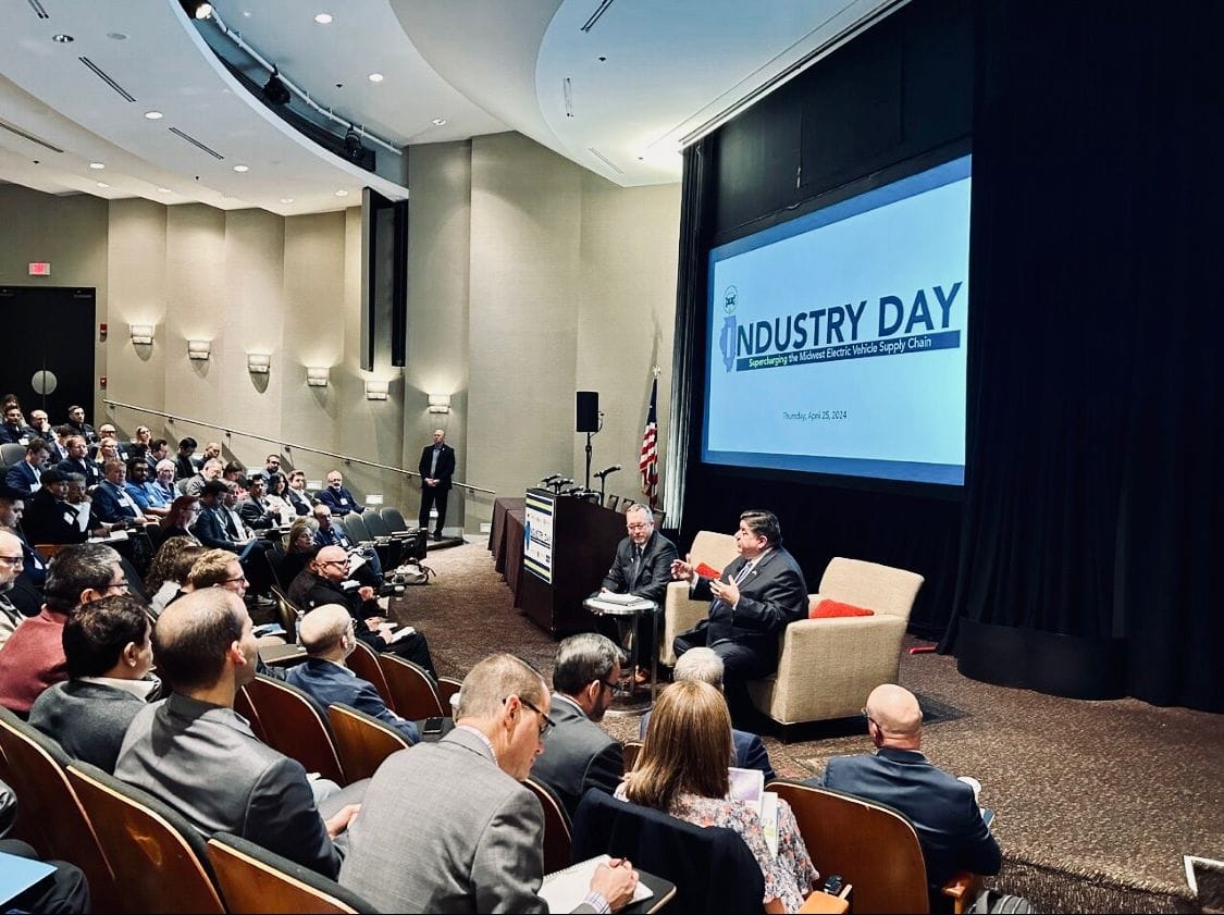 Illinois Governor JB Pritzker and Intersect Illinois Chairman John Atkinson introduce Illinois EV Industry Day 2024.