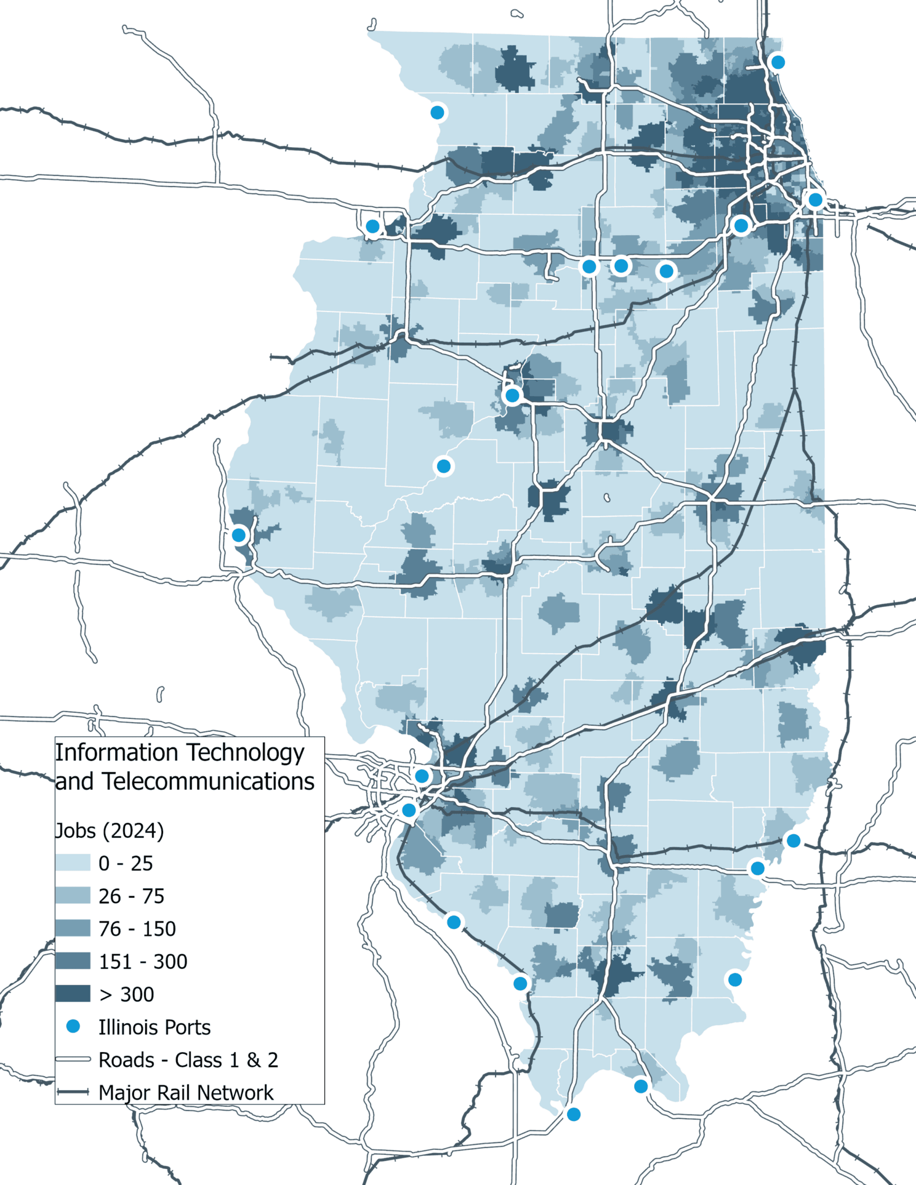 A map of Illinois showcasing concentration of IT jobs.
