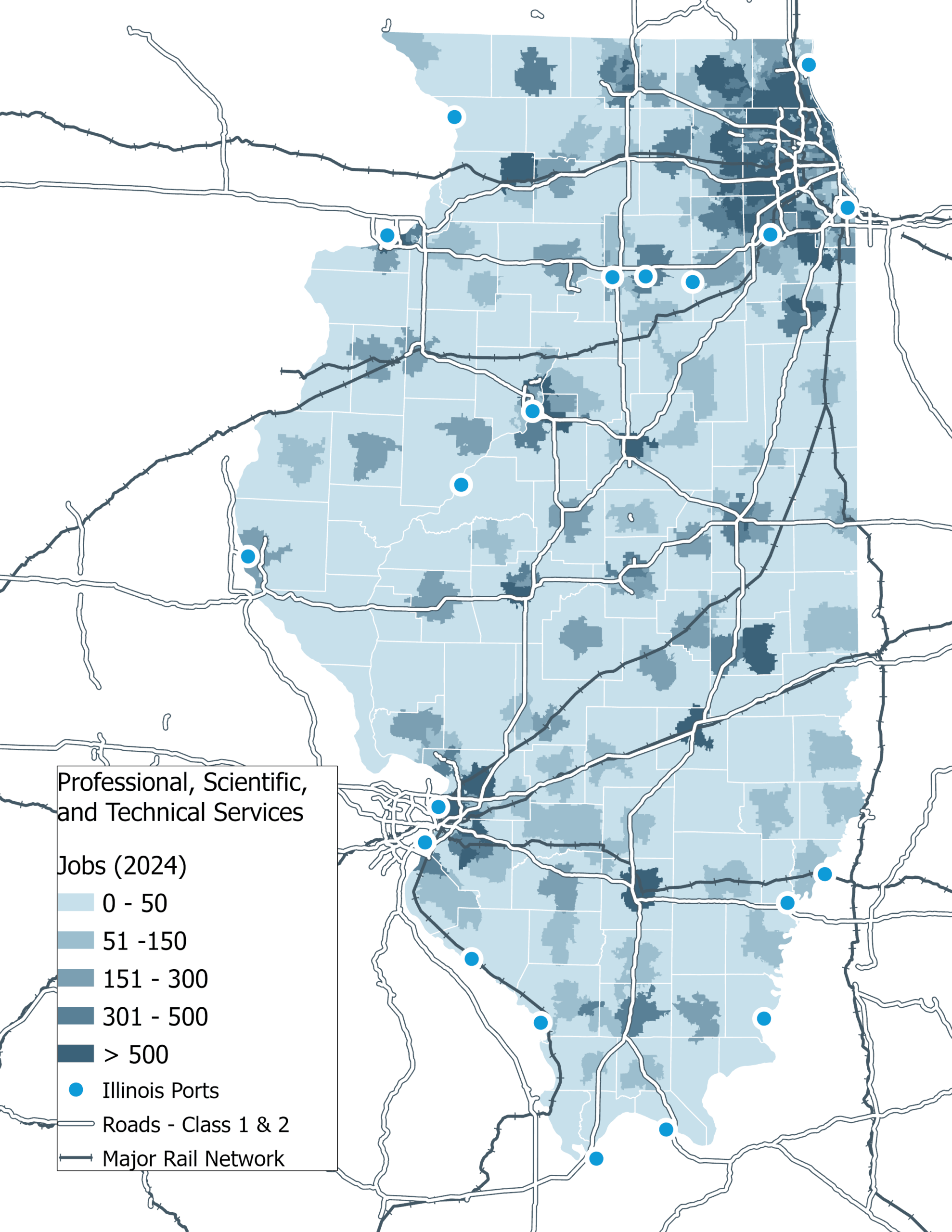 A map of Illinois showcasing concentration of professional, service, and technical services jobs, which rely heavily on a strong information and communications economy.