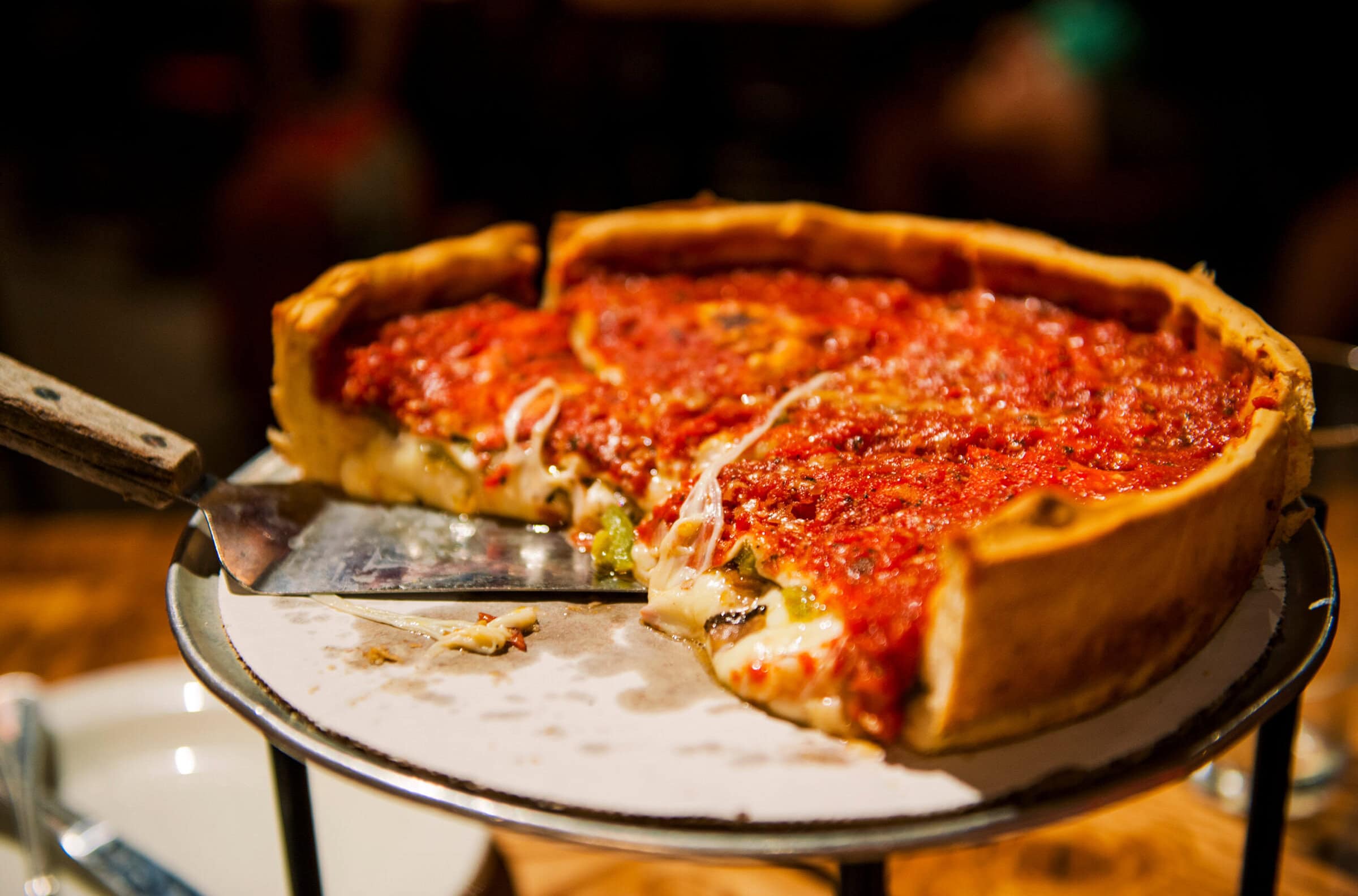 Chicago-style deep-dish pizza. Image via Shutterstock.